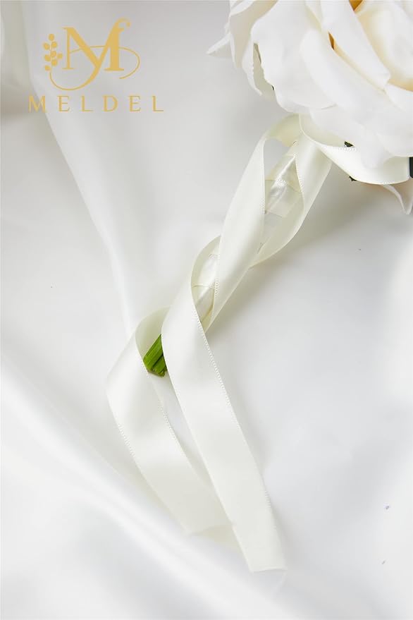 Meldel 6.5 Inch Ivory Bridesmaid Bouquets, Set of 2, Small Rose Artificial Wedding Bouquet Centerpiece Decorations for Wedding