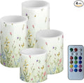 LED Flickering Candles Battery Operated Candles Set of 4 with Remote Control Timer Dancing Flame Pillar Candles Home Table Decoration, Floral Green