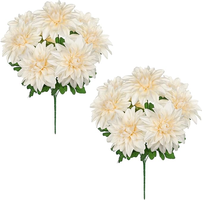 Hollyone 2Pcs White Artificial Dahlia Flowers Bush 7 Heads Silk Fake Dahlias Flowers with Stems Wedding Bouquets Faux Dahlia Flower Floral Arrangements for Outdoor Indoor Table Centerpieces Home Decor
