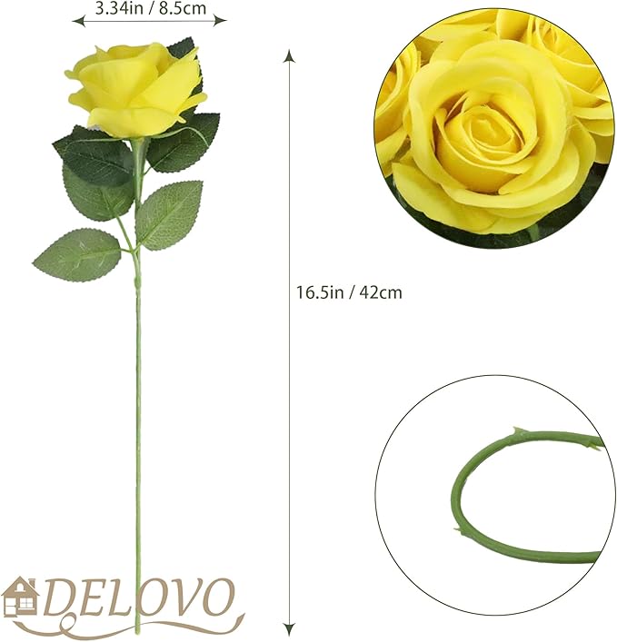 52pcs Yellow Roses Artificial Flowers Fake Flowers Silk Roses with Stems for DIY Wedding Bouquets Bridal Shower Centerpieces Arrangements Party Decorations