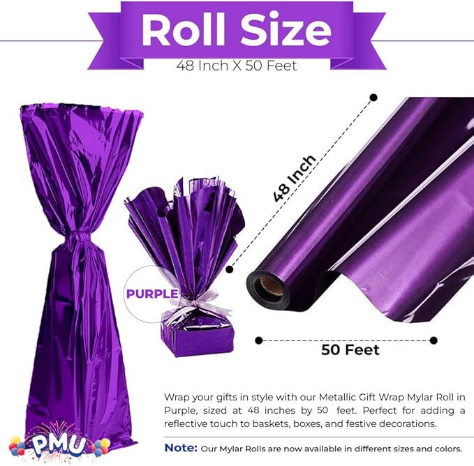 PMU Gift Wrap Mylar Roll Metallic Purple 2-sided, 48 Inches X 50 Ft Roll 1.4 Mil Highly Reflective Mylar Film, Great for Gifts, Birthdays, Christmas, Baskets, Arts & Crafts
