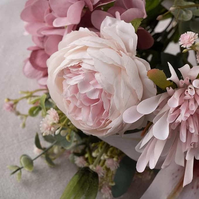 16-inch Artificial Fake Faux Flowers Silk Flower Arrangements Bouquets with Lilies, Buttercup, Hydrangea, Chrysanthemum, babysbreaths (Pink)