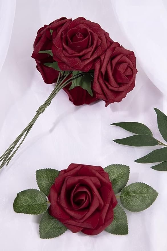 N&T NIETING Artificial Flowers, 25Pcs Fake Flowers Roses Perfect DIY Wedding Bouquets Centerpieces Bridal Shower Party Valentine's Day Home Flower Arrangement Decorations, Dark Red