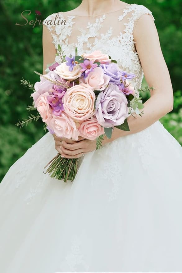 Serwalin Artificial Flowers Fake Silk Flowers Combo Realistic Mixed Roses Box for DIY Wedding Bridal Bouquets Centerpieces Arrangements Faux Flowers with Stems Home Party Decoration, Pink&Lilac