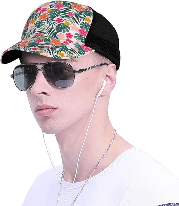 Tropical Pink Flowers Hats Women Men Hawaii Trucker Hat Adjustable Snapback Mesh Baseball Cap Hat