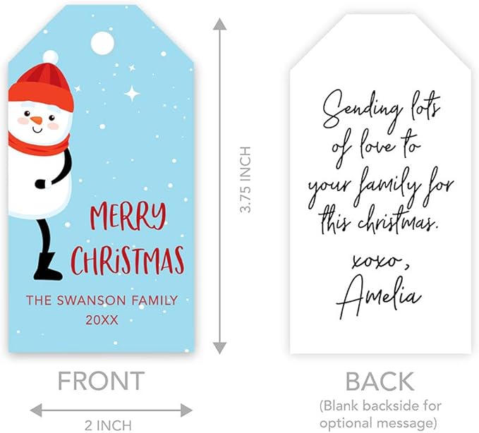 Andaz Press Personalized Christmas Holiday Season Classic Gift Tags, Merry Christmas Custom Family Name and Year, Snowman with Stars Design, for Holiday Events, Parties, and Favors, 60-Pack