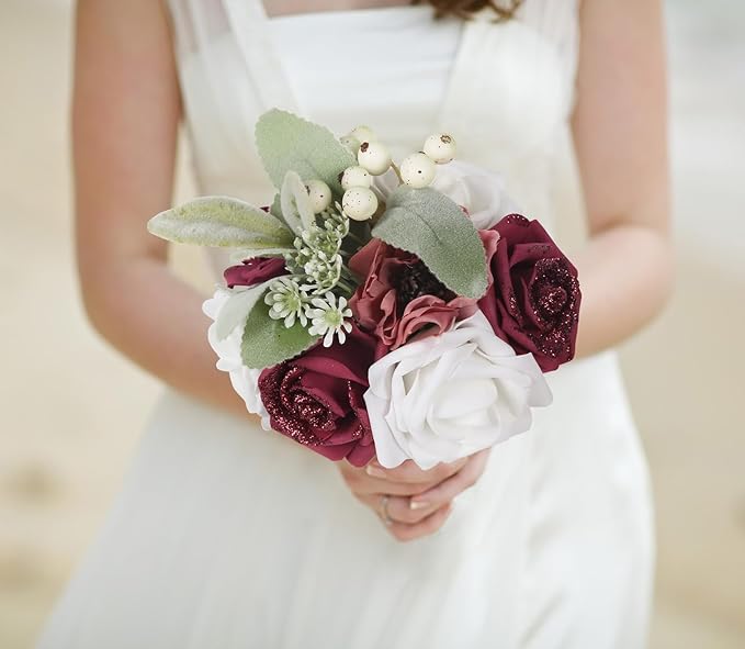 100pcs Burgundy Glitter Roses 2.56" Foam Glitter Flowers Fake Roses Artificial Roses for Bridal Shower Centerpieces DIY Wedding Flower Floral Arrangements
