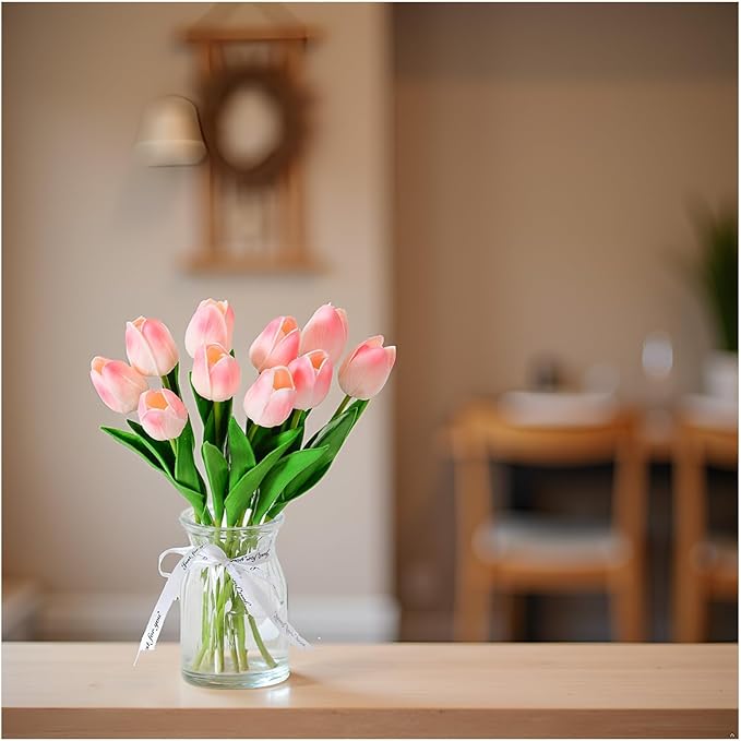 18pcs Artificial Tulips 13" PU Artificial Flowers for Family Friends Gifts DIY Flower Arrangement Home Kitchen Office Party Wedding Dining Table Decoration, Light Pink