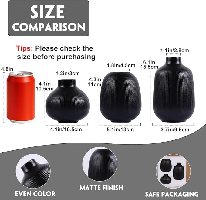 Black Ceramic Vase Set of 3, Minimalist Decor, Home Decorative Vase, Modern Ribbed Vases, Black Vase Set for Kitchen, Bedroom, Office, Living Room, Bathroom, & Shelf Centerpiece Table Decoration