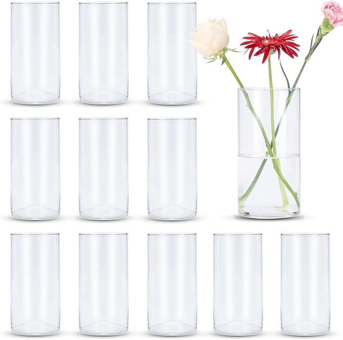 Devilfire 8 Inches Tall (20 cm) Clear Glass Cylinder vases,Pack of 12 Centerpiece Flower Vase,Floating Candle Holder for Home & Garden Decor, Wedding, Party.