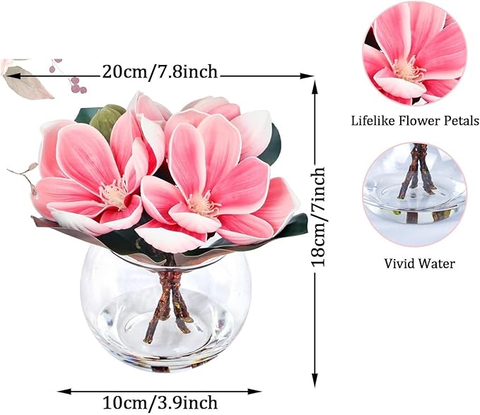 Artificial Magnolia Flower in Glass Vase, Fake Flowers with Faux Water for Realistic Look, Small Potted Plant for Home Desk, Bathroom, Office Shelf Table Centerpiece Decor(Pink)