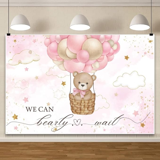 ChloropLastid We Can Bearly Wait Baby Photo Backdrop 8x6ft Pink Hot Air Balloon Bear Background for Baby Balloons Clouds Stars Girl Baby Shower Newborn Party Cake Photo Decoration