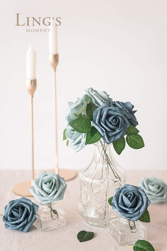 Ling's moment Artificial Flowers 25Pcs Dusty Blue & Navy Roses Decor w/Stems,3" Real Touch DIY Foam Floral for Wedding Bouquet/Centerpieces, Outdoors Party Backdrop, Room/Table, and Garden/Pot Decor