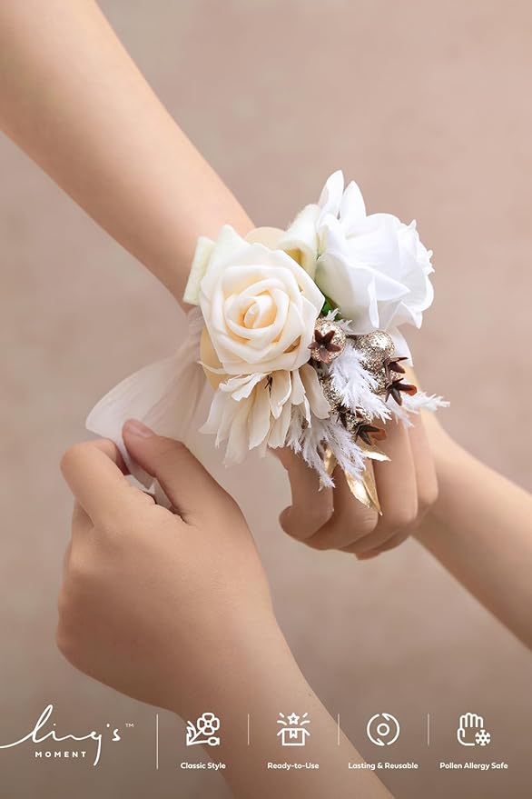 Ling's moment 6pcs Wedding Wrist Corsage Artificial Flowers, Girl/Mother Homecoming Prom Corsages Wristlet Décor, etc. Boho White Nude