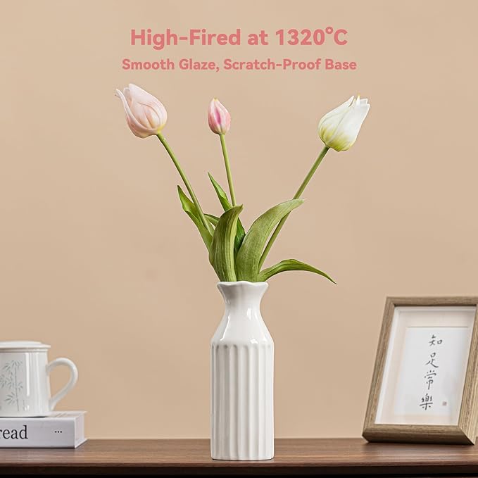 White Ceramic Vase - 8.3" Unique Flower Vase with Vertical Ribbed Texture, Decorative Boho/Farmhouse Vase for Living Room, Office Desk & Housewarming Gift (for Her/Yourself)