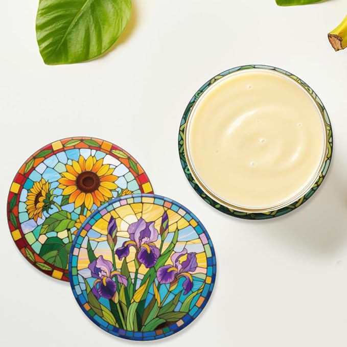 ANATTASOUL Coasters Set of 9 Flowers and Stained Glass Pattern Colorful Wooden Coasters Bulk Round Housewarming Gift for New Home, 3.9" Decorative Coffee Table Protection for Farmhouse Bar Decor