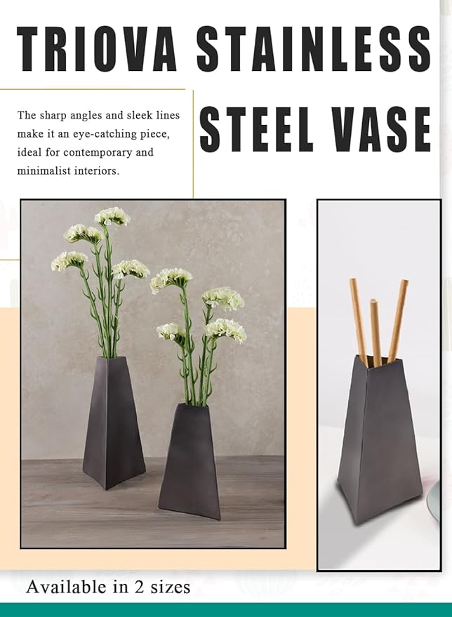 Serene Spaces Living Triova Stainless Steel Vase – Perfect for Fresh & Dried Flowers, Sculptural Accent for Mantels, Coffee Tables & Office Desks,Table Centerpiece, 4" Wide & 6.5" Tall