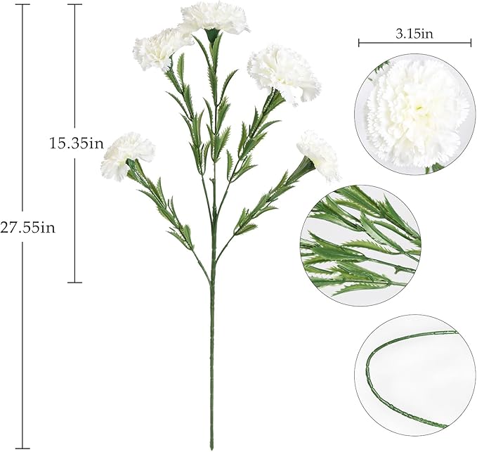 IPOPU White Carnations Artificial Flowers 6PCS 30 Heads Silk Carnations 27.56in Artificial Flowers with Stems for Wedding Home Centerpieces Floral Arrangements(White)