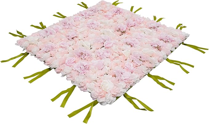 CNCEST Artificial Flower Wall Panels, Flower Wall Mat Silk Rose Flower Panels, Artificial Flower Wall Background (Green+White+Pink)