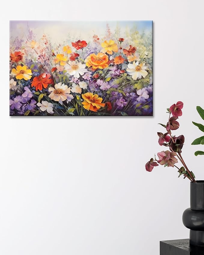GLOKAKA Flowers Wall Art Colorful Landscape Lush Wildflowers Painting Print on Canvas Purple Yellow Floral Daisy Flower Picture for Home Bedroom Office Decor (Lush Flowers, 36"x24")