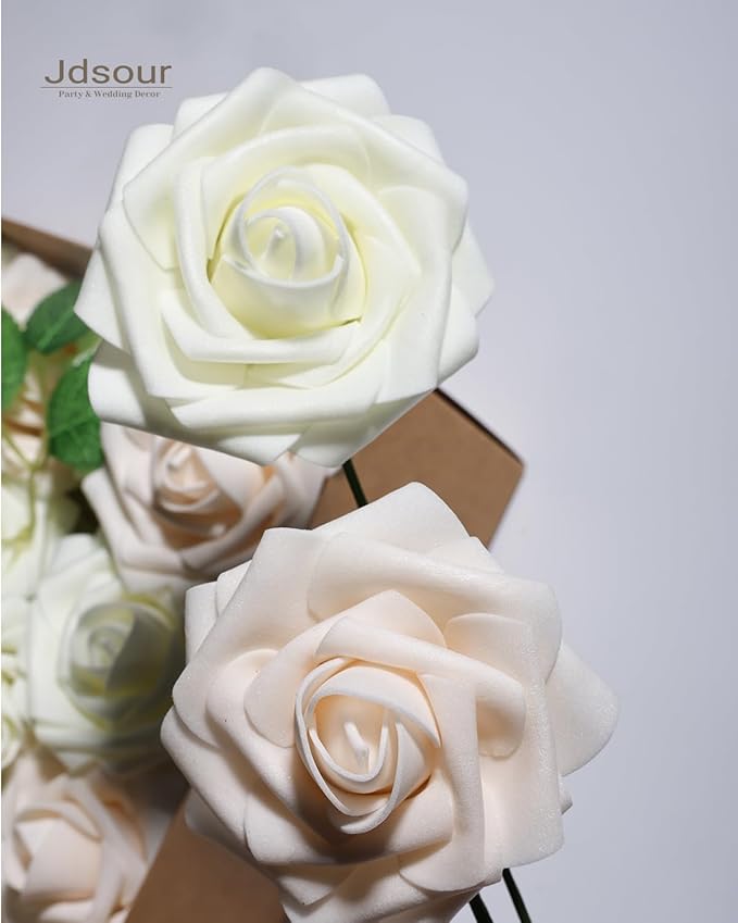 50pcs Artificial Flower，Real Touch Foam Roses w/Stem DIY for Wedding Bouquet Centerpieces Party Shower Home Decor-Ivory Cream