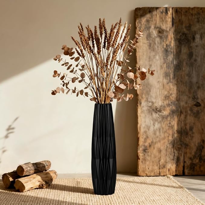 Tall Black Floor Vase – 15.7" Twisted Geometric Ceramic Vase for Modern Home, Living Room, Table Centerpiece or Corner Decoration