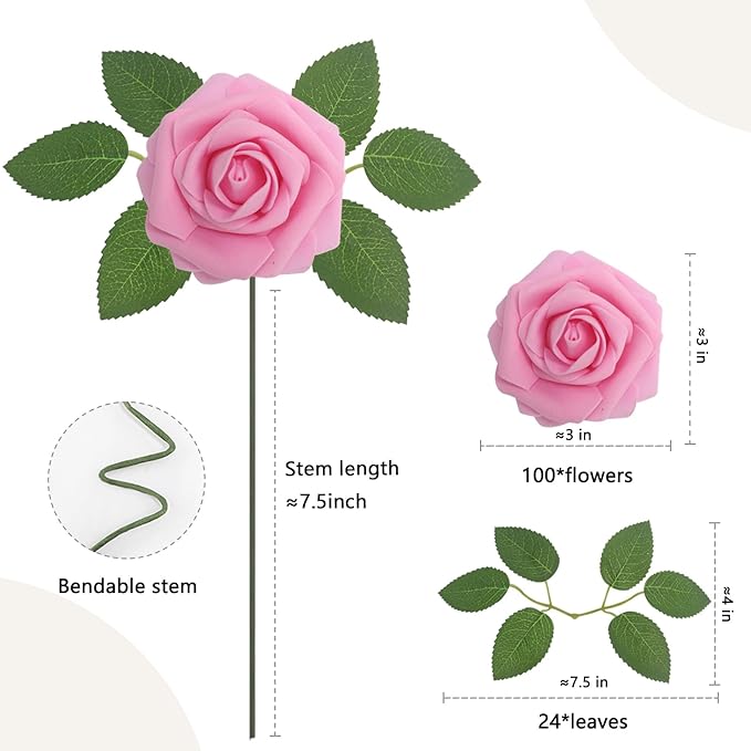 Artificial Flowers Dark Pink Roses 100PCS Real Looking Foam Fake Roses with Leaves and for DIY Wedding Bouquets Bridal Shower Centerpieces Party Decorations (Dark Pink, 100)