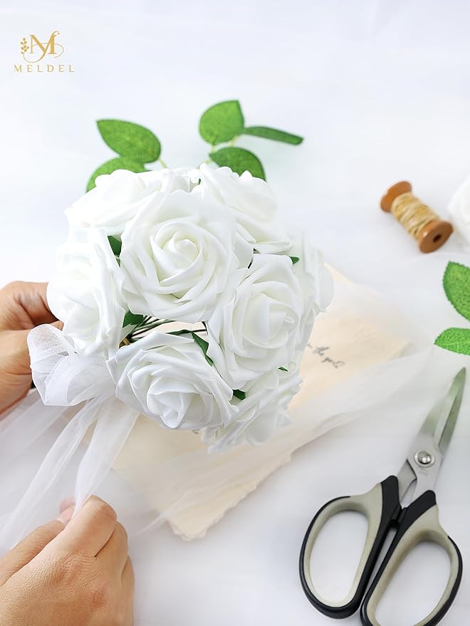 Meldel Artificial Flower 50pcs Real Looking White Rose Fake Foam Roses with Stems for DIY Wedding Bouquets Gifts Bulk Crafts Faux Floral Centerpieces Arrangements Party Home Tables Decorations