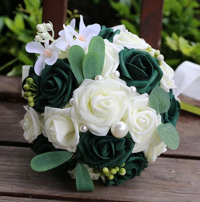 Lightweight Bridal Wedding Bouquet Round Holding Bouquet Throw Toss Artificial Rose Flower Bunch for Bride Bridesmaid Wedding Quinceanera (Cream & Dark Green, 7.9")
