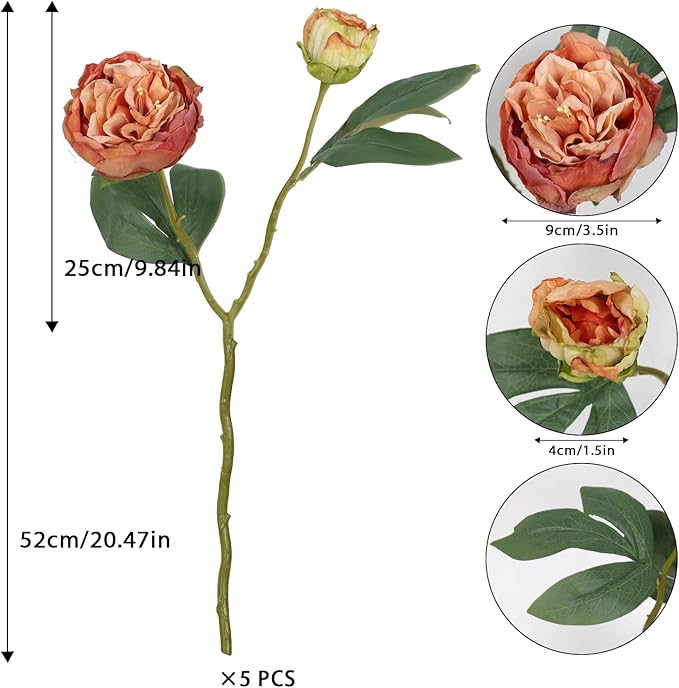 IPOPU Orange Flowers Artificial Peonies 5PCS 10heads Vintage Fake Peonies 20.47" Orange Fake Flowers for Wedding Bouquets Centerpieces Bridal Shower Party Home Flower Arrangement Decorations