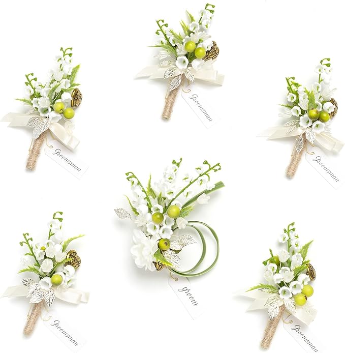 Ling's moment Boutonniere for Men, 6pcs Groom Groomsmen Boutonniere, Artificial Flowers for Wedding Decor/Prom/Homecoming, etc.White Lily & Olive