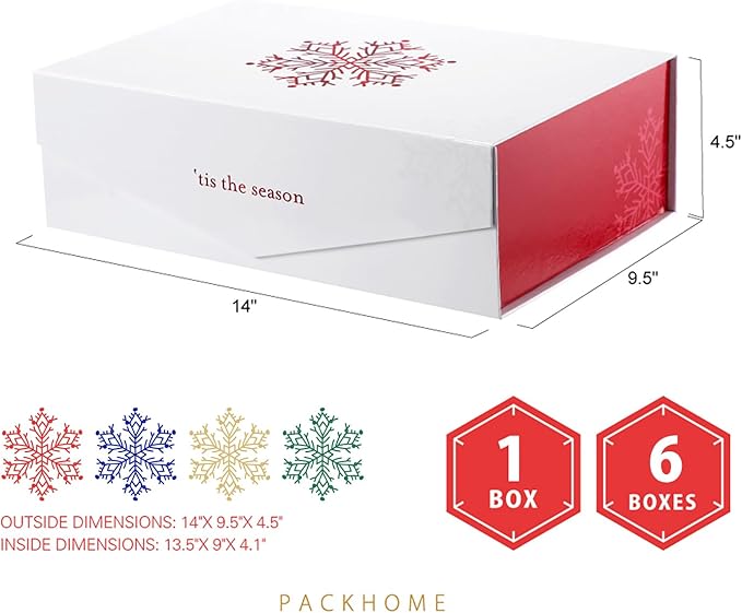 PACKHOME Large Christmas Gift Box 13.5x9x4.1 Inches, Sturdy Collapsible Gift Box with Magnetic Closure Lid (Red Snowflake Pattern)
