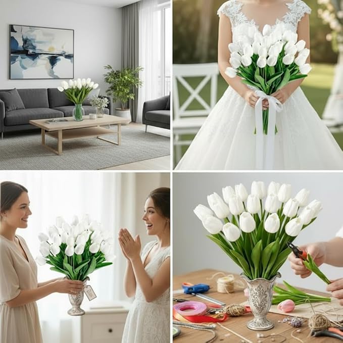 White Faux Tulips (20 Pcs) - Premium PU Artificial Flowers for Christmas & Thanksgiving Table Setting, Winter DIY Home Decor - 13.5" Real Touch