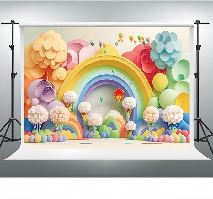 YongFoto Paper Flowers Backdrop 7x5ft Colorful Cut Paper Floral Blossom Rainbow Arch Hot Air Balloon Honeycomb Ball Photography Background Lovely Party Banner Home Decor Photo Studio Booth Props