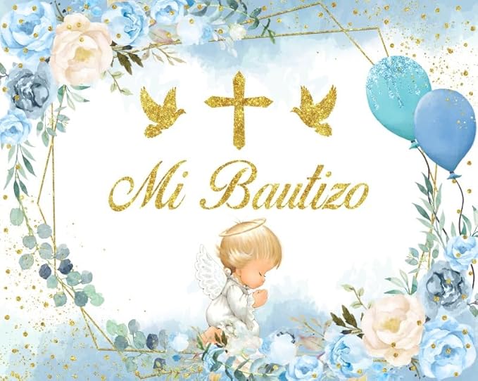 ChloropLastid Mi Bautizo Photography Backdrop 10x8ft Boho First Holy Communion Christening Background for Boy Blue Floral Bless Newborn Baby Shower Photo Booth Props