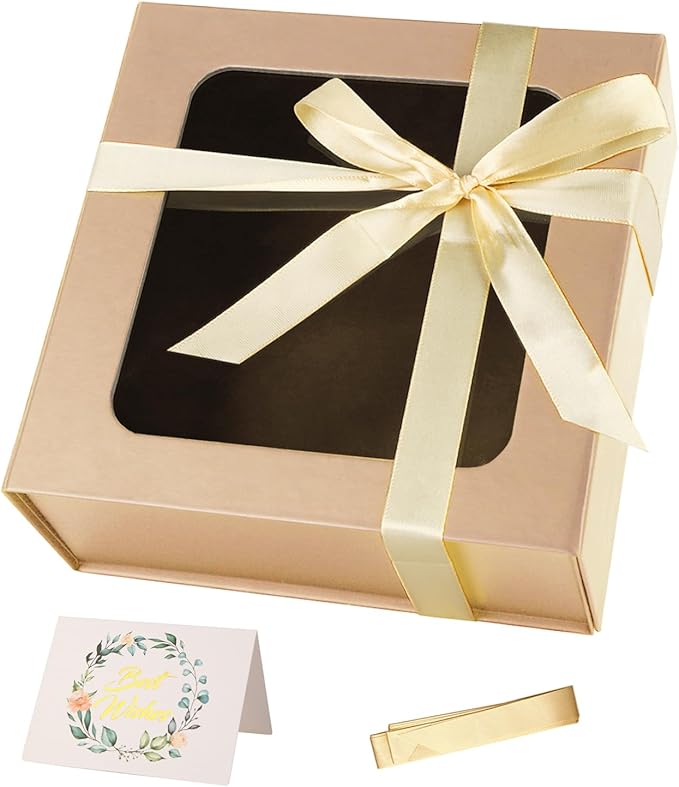 TIACABO Rose Gold Gift Box with Window,7.5"x7.5"x3.1" Bridesmaid Boxe for Gifts Giving,Birthday Gift Boxes with Magnetic,Closure Lid Gifts Boxes for Presents,Cute Box,Luxury for Gift Packaging
