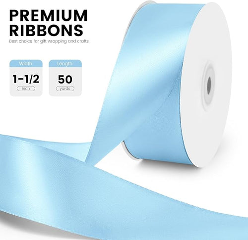 1-1/2" x 50 Yards Satin Ribbon - Light Blue Silk Ribbon with Spool - Ideal for Gift Wrapping, Floral Bouquets, Crafts, Wedding Party Decorations, Christmas and Sewing Projects