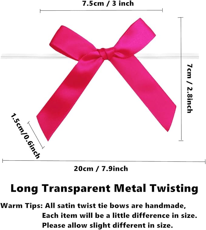 100 PCS 3 Inch Hot Pink Twist Bows for Treat Bags, Satin Twist Tie Bows, Pre Tied Bows with Wire, Ribbon Bows with Twist Ties, Bow Ties for Gift Bags, Popcorn Bags, Cookie Bags, Party Favors