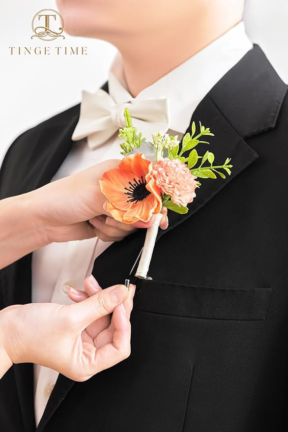 TINGE TIME Boutonniere for Men Wedding,Groom and Best Man Boutonniere for Wedding Ceremony Anniversary, Formal Dinner Party and Rustic Spring Wedding Marriage (10, CoralPink&Champagne)
