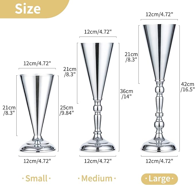 10 Pcs Tabletop Silver Metal Wedding Flower Trumpet Vase, 16.5 inch Table Decorative Centerpiece Artificial Flower Arrangements for Anniversary Ceremony Party Birthday Event Home Decoration (Silver)