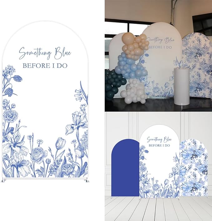 Something Blue Before I Do Arch Backdrop Cover Wedding Bridal Shower Bride to be Toile Party Arch Fabric Cover Blue Bloom Floral Baby Shower Decors (4X7.2ft,4291)