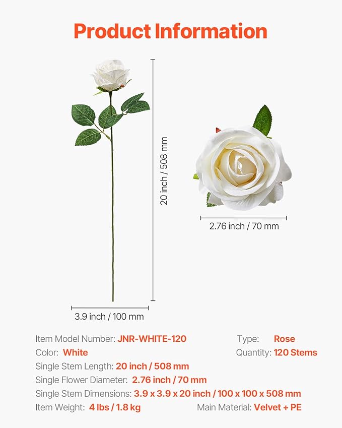 VEVOR Artificial Flowers, 120 pcs Real Looking White Foam Fake Roses Bulk, White Faux Bridal Shower with Stems for DIY Wedding Bouquets, Home Centerpieces Arrangements, Party Tables Decorations