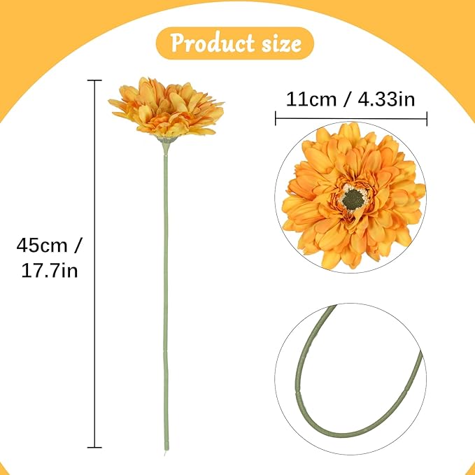 Orange Daisies Artificial Flowers Silk Flowers Gerber Daisy Artificial 10PCS 17.7in Fake Daisies for Wedding Bridal Bouquet Party Home Kitchen Decor(Orange)