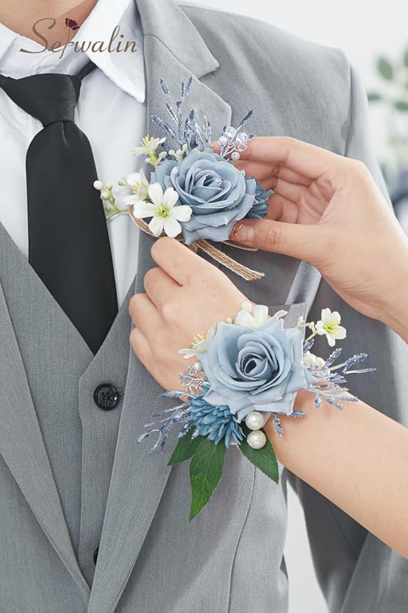 Serwalin Corsage and Boutonniere Set, Boutonniere and Wrist Corsage Wristlet Prom Homecoming Wedding Flowers Accessories Prom Suit Decorations (Blue & Dusty Blue)