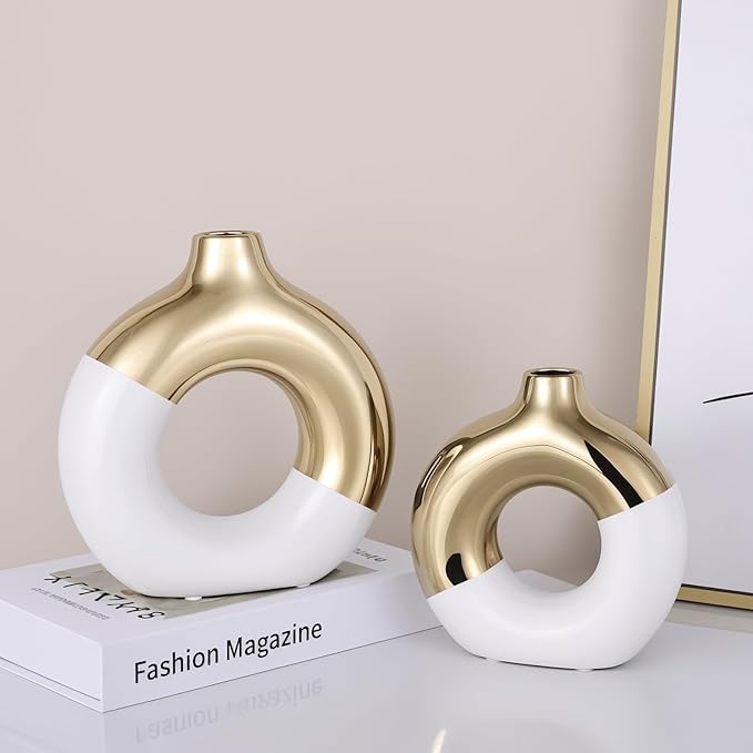 White and Gold Vase Decor Donut Vase Set of 2 - Circle Hollow Vases, Modern Matte Ceramic Vases for Entryway Living Room Bedroom Dining Table Centerpiece Office Home Decor