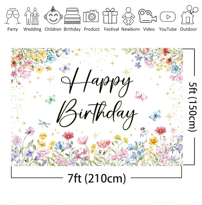 Mocsicka Wildflower Birthday Backdrop Girls Floral Wildflower Birthday Decorations Spring Garden Butterfly Flower First Birthday Banner Background Decorations (7x5ft (82x60 inch))