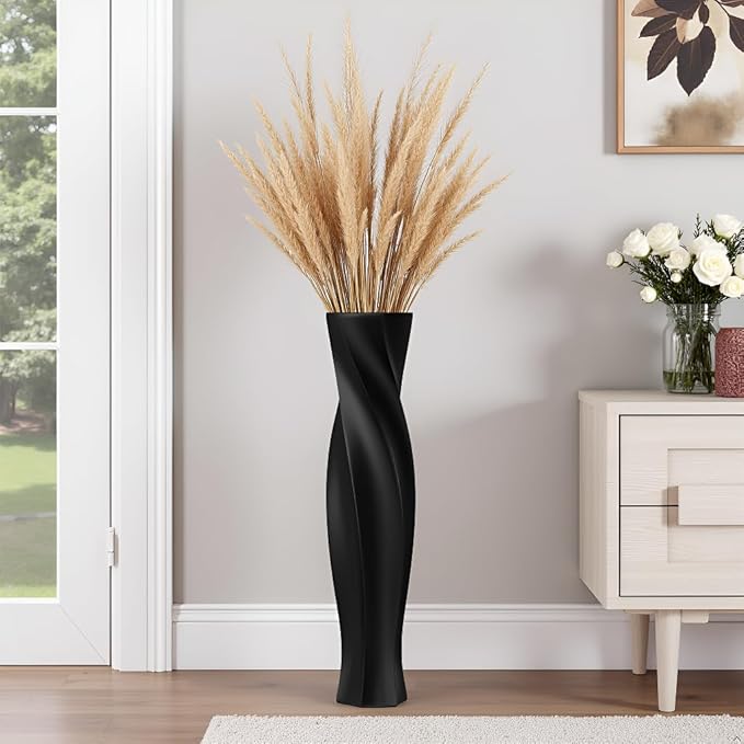 Tall Vases - 23.6" Tall Floor Vase for Home Decor, Resin Floor Vases, Black Hexagon Twist Floor Vase, Fits Into Hay/Pampas Grass, Living Room, Office, Wedding Decor (Black)