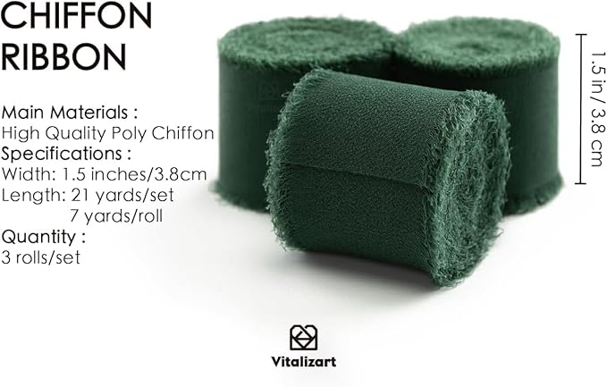 Vitalizart Dark Green Handmade Chiffon Silk Ribbon Fringe 3 Rolls 1.5" x 21 Yd Frayed Edges Ribbons for Wedding Invitations Bridal Bouquets Gifts Wrapping Crafts Holiday Decor