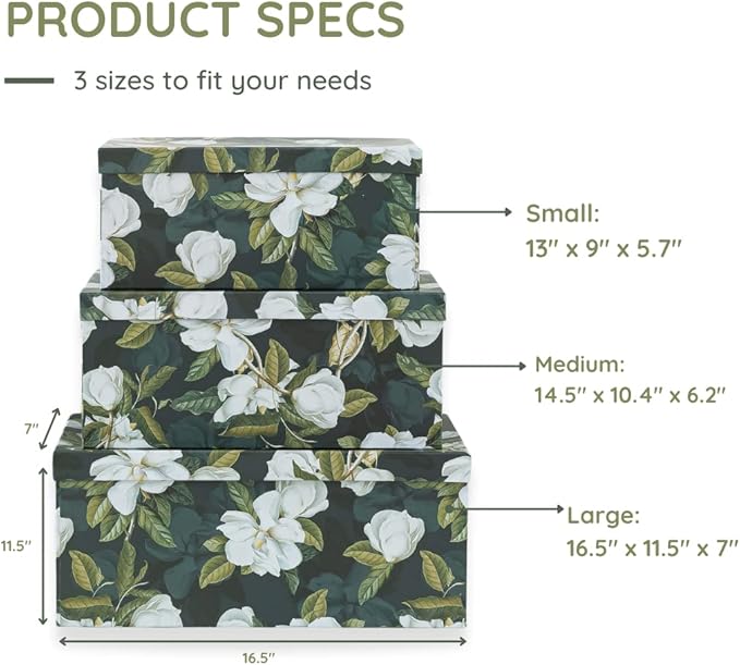 Soul & Lane Decorative Storage Cardboard Boxes with Lids | Midnight Gardenia - Set of 3 | Black Dramatic Paperboard Nesting Boxes