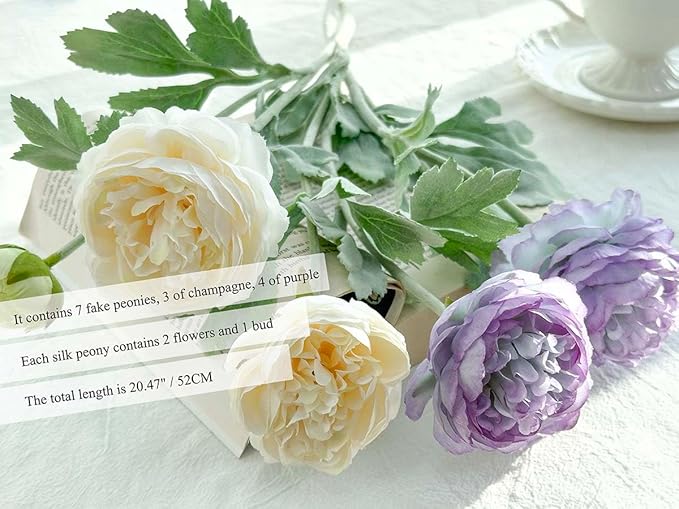 7 pcs Peonies Artificial Flowers, Purple Champagne Ranunculus Artificial Flowers, Fake Peonies for Home Office Centerpiece Table Decorations, Dining Table Centerpiece (Purple+Champagne)